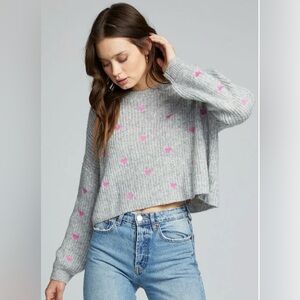 NWOT Saltwater Luxe Medium Gray Heart Embroidered boxy crop-top style sweater.